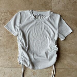 Zara Cream Ribbed Short Sleeve Tee with Side Drawstrings